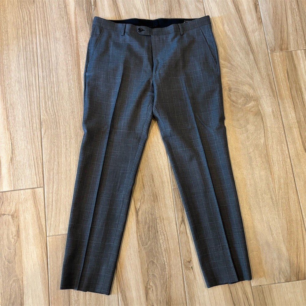 Mens Dress Pants Gray Plaid Flat Front Straight Leg Size 37x31